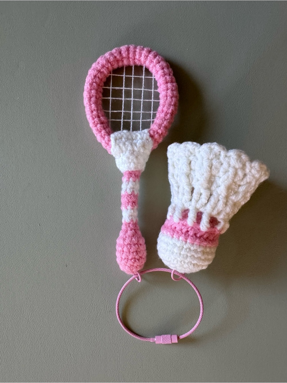 Crocheted Pink Badminton Racket & Shuttlecock Charm